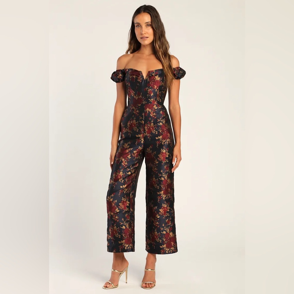 New Glam Midnight Blue Floral Jacquard Off-the-Shoulder Jumpsuit